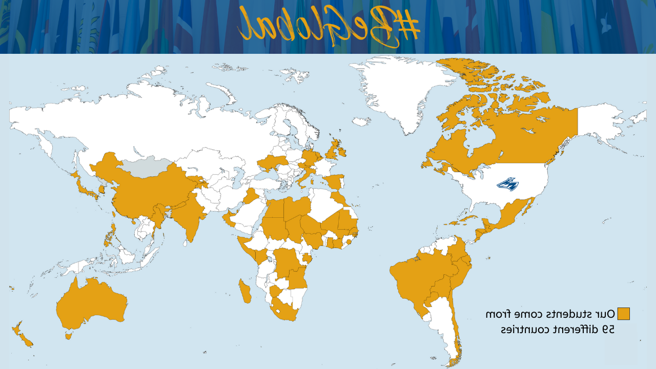 世界地图显示所有59个国家的体育菠菜大平台学生来自.  其中包括显示体育菠菜大平台学生来自所有59个国家的世界地图.  其中包括西班牙, 萨尔瓦多, 加拿大, 阿曼, 危地马拉, 韩国, 古巴, 中国, 尼泊尔, 墨西哥, 和日本
